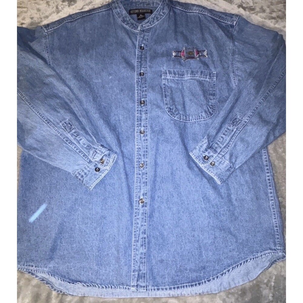 Autumn Mountain Men's XL Denim Band Collar Shirt Embroidered Bear Button Down